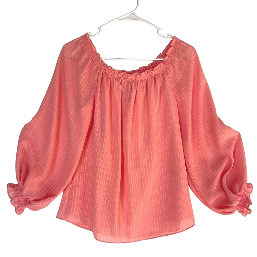 WHBM Coral Pink Grid Textured Off Shoulder Balloon Sleeve Blouse XS‎